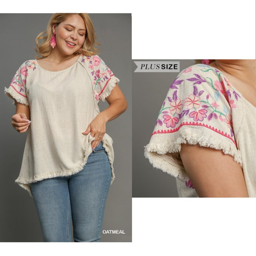 Embroidered Sleeves Linen Cotton Blend Round Neck w/ Frayed High Low Hem